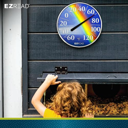 EZREAD Hanging Dial Thermometer 840-1220 Weather Thermometers for Indoor and Outdoor Use, Large 12.5 Inch Diameter, Easy to Read Numbers, Rainbow, Blue/Red/Yellow - color: Rainbow