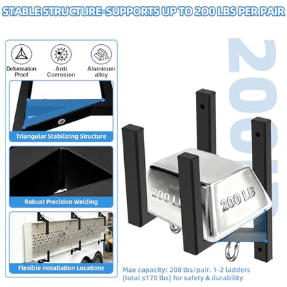 Cargo Trailer Ladder Rack-200lb Load-Carry 1-2 Ladders-Adjustable Aluminum Side Mount RV Ladder Rack-Rubber Pads/Bungee Cords/Hooks for Open/Enclosed Trailer/Garage/Shed Exterior/Interior Wall