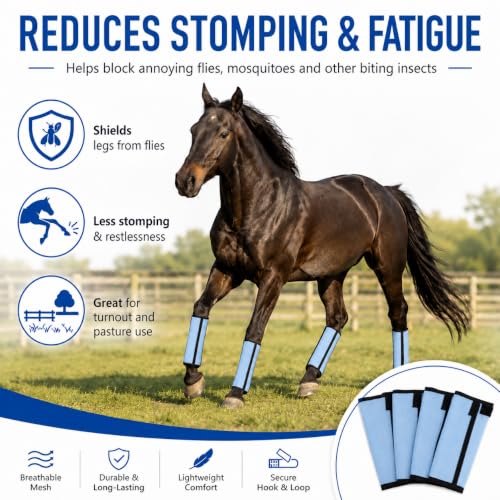 Fly Boots for Horses Set of 4 - Breathable Mesh Equine Leg Protection,Anti-Sag Stay-On Horse Fly Boots,Reduces Stomping & Fatigue,UV-Block, Adjustable Fit for Medium to Large Horses (Light Blue)
