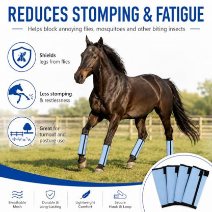 Fly Boots for Horses Set of 4 - Breathable Mesh Equine Leg Protection,Anti-Sag Stay-On Horse Fly Boots,Reduces Stomping & Fatigue,UV-Block, Adjustable Fit for Medium to Large Horses (Light Blue)