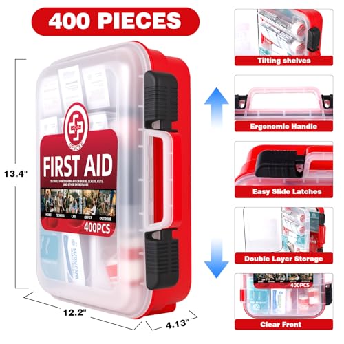 400 Piece First Aid Kit, Organized Dual-Layer Wall-Mountable Hard Case - size: Extra Large