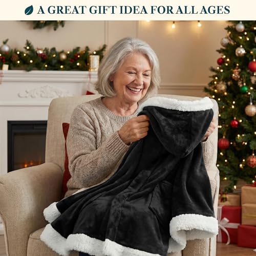 PAVILIA Hooded Blanket Poncho for Women, Fleece Wearable Shawl Wrap, Black | Fleece Shawl Wrap with Hood, Adult Wearable Blanket, Cozy Warm Poncho Cape Throw with Pockets, Gift for Elderly Mom - color: Black