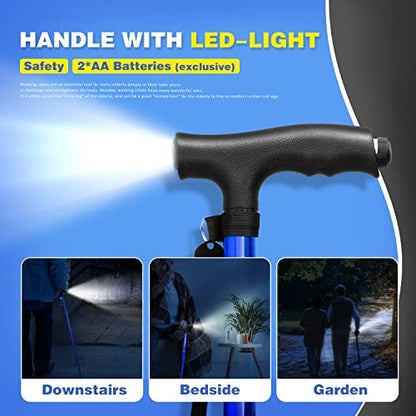BigAlex Folding Walking Cane with LED Light,Pivoting Quad Base,Adjustable Walking Stick with Carrying Bag for Men/Women - color: Blue(4'9"-5'6")