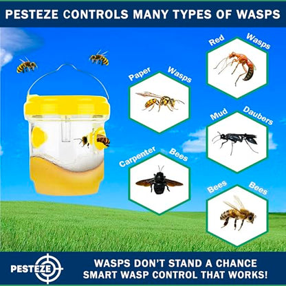 PESTEZE USA 2 Pack Reusable Solar Hanging Wasp Trap with LED Light [Yellow, 3.5×4.4 in] Attracts & Kills Wasps, Hornets, Yellow Jackets & Flying Insects Safely, Chemical-Free, Waterproof Outdoor Trap
