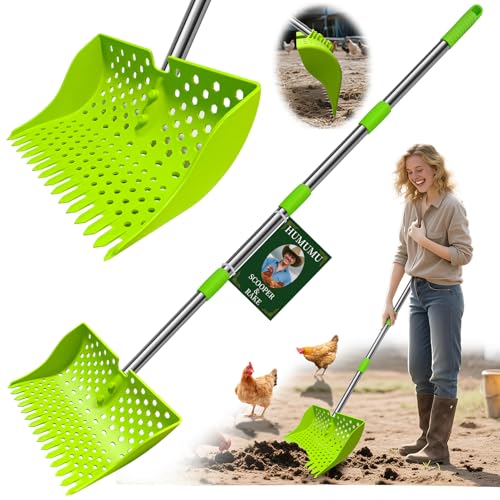2-in-1 Chicken Poop Scooper & Rake, 20–61" Extendable Handle