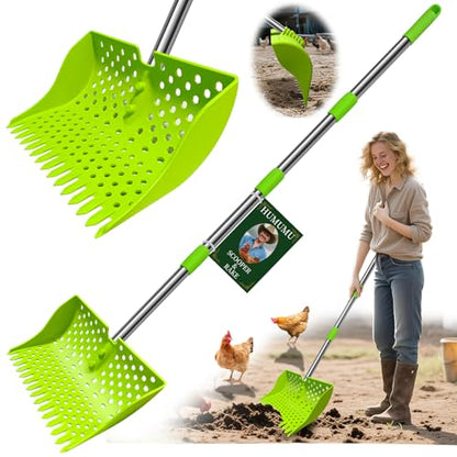 2-in-1 Chicken Poop Scooper & Rake, 20–61" Extendable Handle