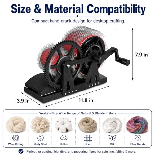 Manual Wool Carding Machine, Hand Crank Drum Carder for Wool Fiber Blending, Combing, Color Mixing, Felting, Spinning, Pom Pom Making and Pet Hair Processing, DIY Fiber Craft Tools