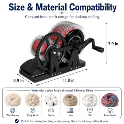 Manual Wool Carding Machine, Hand Crank Drum Carder for Wool Fiber Blending, Combing, Color Mixing, Felting, Spinning, Pom Pom Making and Pet Hair Processing, DIY Fiber Craft Tools