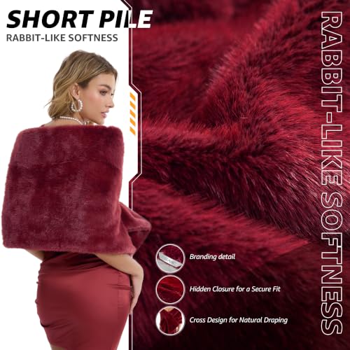 Women's Luxe Short Pile Faux Fur Coat with Shawl Collar - color: Garnet