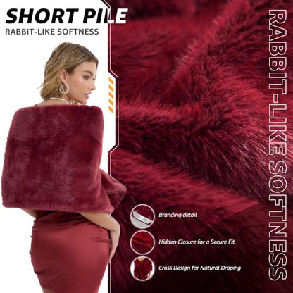 Women's Luxe Short Pile Faux Fur Coat with Shawl Collar - color: Garnet