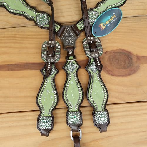 Western Leather Headstall & Breast Collar Set for Horses - Valentine’s Day Silver Metallic Cowhide with Rhinestones - color: Lime Green