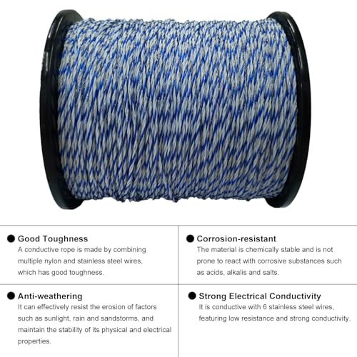 Electric Fence Wire 3379 Feet 1030 Meters, 6 Stainless Steel Strands Electric Polywire with Rust Resistance and Reliable Conductive, UV Resistant, Portable Electric Livestock Fencing - size: 3379FT/1030M