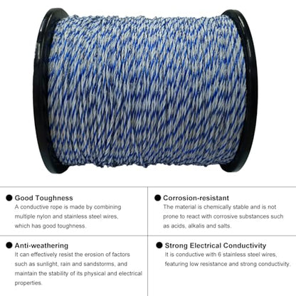 Electric Fence Wire 3379 Feet 1030 Meters, 6 Stainless Steel Strands Electric Polywire with Rust Resistance and Reliable Conductive, UV Resistant, Portable Electric Livestock Fencing - size: 3379FT/1030M