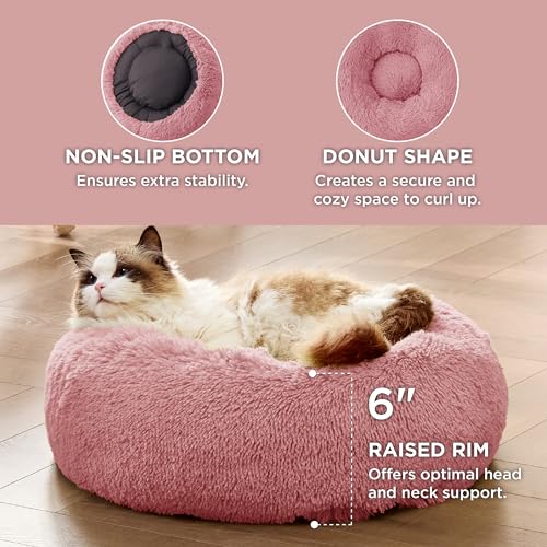 Bedsure Calming Cat Beds Donut Round Washable Kitten Bed,20 inches | Fluffy Faux Fur Cuddler,Anti-Slip Bottom,Anti-Anxiety,Deep Sleeping for Cats&Small Pets Up to 15 Lbs,Mauve Blush - color: Mauve Blush, size: 20"L x 20"W x 6"Th