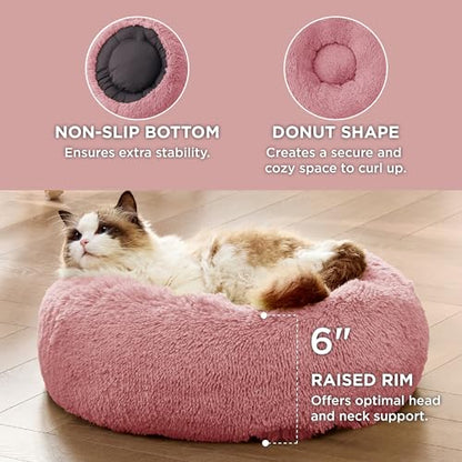 Bedsure Calming Cat Beds Donut Round Washable Kitten Bed,20 inches | Fluffy Faux Fur Cuddler,Anti-Slip Bottom,Anti-Anxiety,Deep Sleeping for Cats&Small Pets Up to 15 Lbs,Mauve Blush - color: Mauve Blush, size: 20"L x 20"W x 6"Th
