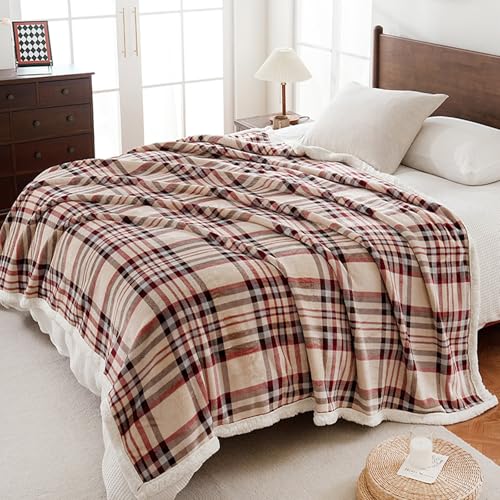 PU MEI Sherpa Fleece Throw Blanket 80" x 90" Reversible Plush Fluffy Large Big Blanket Lattice Flannel Blankets for All Season Use, Beige Stripe - color: Beige Stripe, size: 80"*90"
