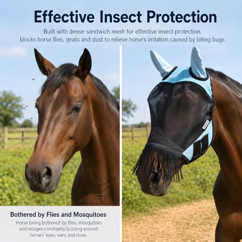 Breathable Horse Fly Mask with Ears and Nose Fringe(M) - size: M