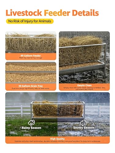 Pasture Feeder, 90 Gallons Multiple Sided Goat Hay Feeder, Stainless Steel Hay Rack with 27'' Wide Tray for Goats, Sheep, Horses, Lamb, Ease of Assembly, Detachable Grain Tray, Silver - style: Stainless Steel