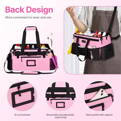 JKAOO Large Wearable Cleaning Caddy Bag with Handles, Pink | Adjustable Shoulder & Waist Straps, Removable, Waterproof Tote for Cleaning Supplies, Home, Car, Office - color: Pink
