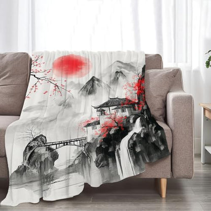 Japanese Throw Blanket Splash Red Cherry Blossom Gifts for Girls Women Men Boys Plush Cozy Flannel Fleece Fuzzy Landscape Blankets 60"X50" - color: Black Red, size: 60"x50"