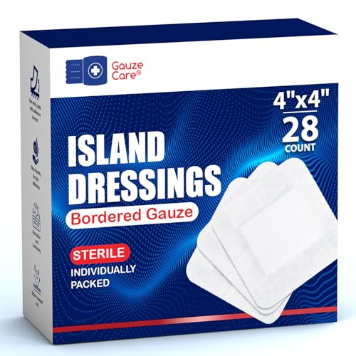 GauzeCare Island Dressing 4x4 inch 28 Pcs| Individually Packed Sterile Pouches| 2x2 Non-Stick Pad in Center with Acrylic Adhesive Borders| Water-Resistant Adhesive Pads for Wound Care and Dressing - size: 4x4 Inch - 28 Dressings