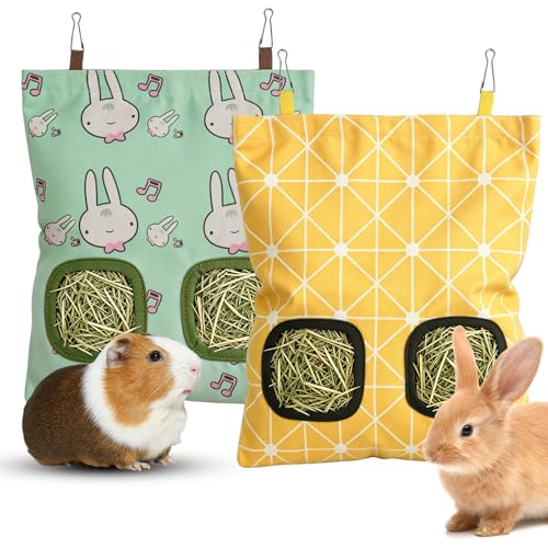 Rabbit Hay Bag 2 Pack - 2 Holes Hanging Bunny Hay Feeder Holder | Guinea Pig Hay Feeder with Metal Hooks, Oxford Cloth Feeding Bag Storage for Chinchillas and Small Animals (Blue Yellow) - color: Blue Yellow