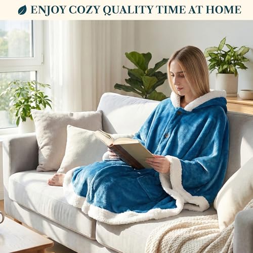 PAVILIA Hooded Blanket Poncho, Fleece Wearable Shawl Wrap Throw, Sea Blue | Fleece Shawl Wrap with Hood, Adult Wearable Blanket, Cozy Warm Poncho Cape Throw with Pockets, Gift for Elderly Mom - color: Sea Blue