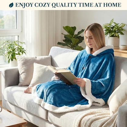 PAVILIA Hooded Blanket Poncho, Fleece Wearable Shawl Wrap Throw, Sea Blue | Fleece Shawl Wrap with Hood, Adult Wearable Blanket, Cozy Warm Poncho Cape Throw with Pockets, Gift for Elderly Mom - color: Sea Blue