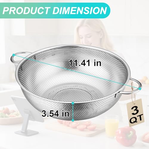 Stainless Steel Colander, 3-Quart Micro-Perforated Metal Colander Strainer with Handle for Kitchen/Draining Pasta/Rinsing Vegetables Fruits,Dishwasher Safe - 8.8 Inches - size: 3QT