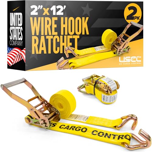US Cargo Control Wire Hook Ratchet Straps 2 Inch x 12 Foot (4-Pack), 10,000 LBS Break Strength, Yellow 2 Inch Ratchet Straps Heavy Duty with J Hooks, Heavy Duty Tie Downs for Trailers and Trucks