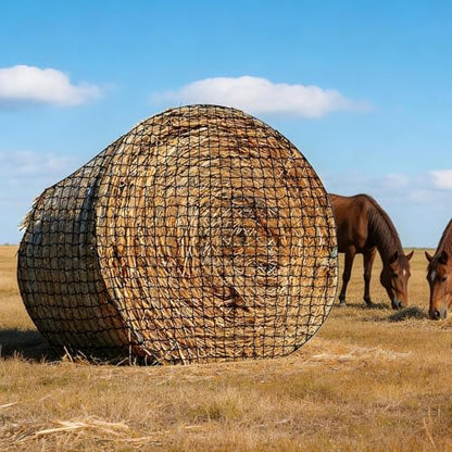 Round Bale Hay Net, 4x4 FT Heavy Duty Hay Net Slow Feeder for Horses Cattle Goats Sheep, Round Bale Polyester Pasture Stable 1.7" Hloes Design Hay Saver Durable