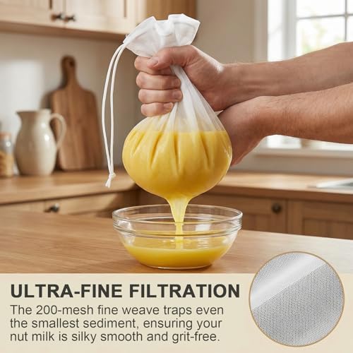 10 Pcs Nut Milk Bag Reusable (9.8"x14"), 200 Mesh Fine Nylon Cheese Cloth Bags with Drawstring, Strainer for Cold Brew Coffee Greek Yogurt Juice & Tea
