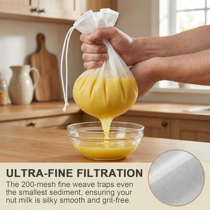 10 Pcs Nut Milk Bag Reusable (9.8"x14"), 200 Mesh Fine Nylon Cheese Cloth Bags with Drawstring, Strainer for Cold Brew Coffee Greek Yogurt Juice & Tea