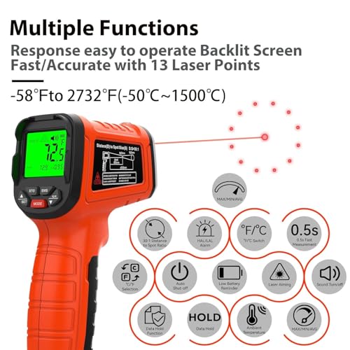 58°F to 2732°F Infrared Thermometer Gun, Industrial 50:1 Ratio - color: Orange/-58°F to 2732°F-Carrying Case