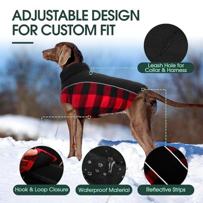 Kuoser Dog Winter Coat, Reversible Waterproof Dog Jacket with Leash Hole, Warm Dogs Fleece Vest Adjustable Doggy Cold Weather Clothes Plaid Christmas Outfit Pet Apparel for Extra Large Dogs, Red 3XL - color: Red, size: XXX-Large (Chest Girth: 35.4-43.3''