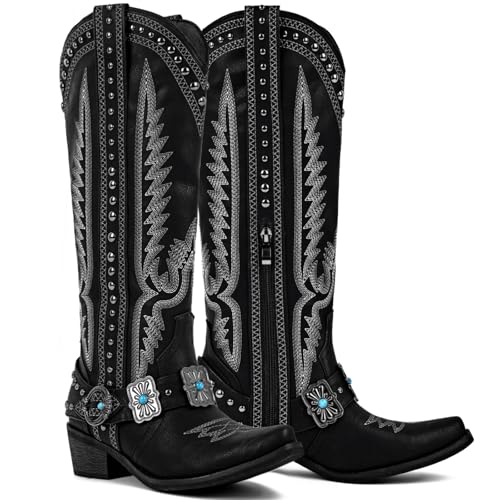 Yolkomo Cowboy Boots for Women Knee High Western Cowgirl Boots with Embroidery Belt Buckle Chains - color: Black, size: 6