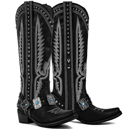 Yolkomo Cowboy Boots for Women Knee High Western Cowgirl Boots with Embroidery Belt Buckle Chains - color: Black, size: 6