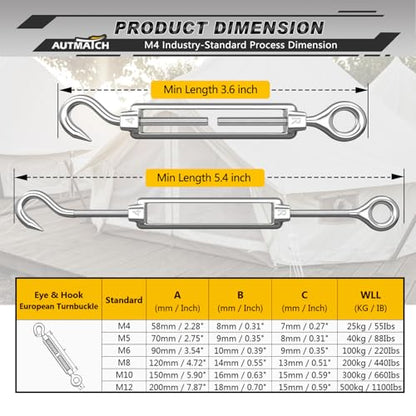 AUTMATCH M4 Hook & Eye Turnbuckle - 304 Stainless Steel Wire Rope Tensioner | Adjustable Turnbuckle for Cable Railing, Fence & Shade Sail Hardware, Wire Rope Tension Kit, 6-Pack, Silver - color: Silver Tone - Hook & Eye, size: M4