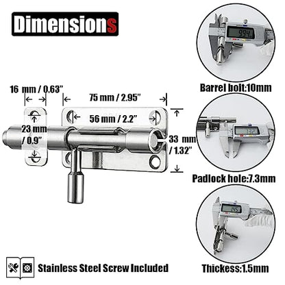 JQK Door Latch Lock Barrel Bolt 4 Inch, 304 Stainless Steel Slide Gate Latches Security Thickened 1.4mm with Padlock Hole, Silver, 2 Pack HBB120-P2 - color: Silver, size: 2 Pack