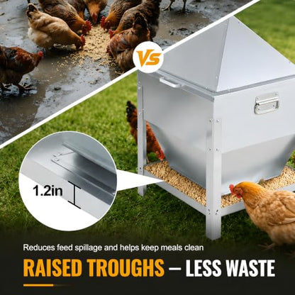 80LBS Large Metal Chicken Feeder, Galvanized Steel Gravity Chicken Feeder with 4-Sided Trough, No Waste Design, Waterproof Locking Lid, Heavy Duty Automatic Outdoor Poultry Feeder for Backyard & Farm