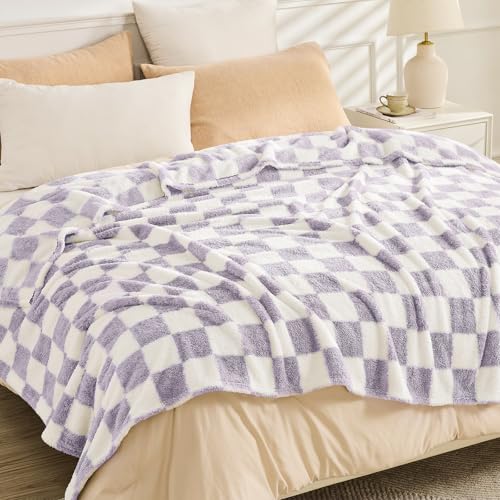 EMME Checkered Blanket Twin Size - 60"x80" Lavender Knit Blanket Soft Fluffy Patterned Throw Blankets for Couch, Sofa, Chair, Bed, Camping, Picnic, Travel - color: 24-checkered Lavender, size: Twin