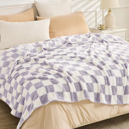 EMME Checkered Blanket Twin Size - 60"x80" Lavender Knit Blanket Soft Fluffy Patterned Throw Blankets for Couch, Sofa, Chair, Bed, Camping, Picnic, Travel - color: 24-checkered Lavender, size: Twin