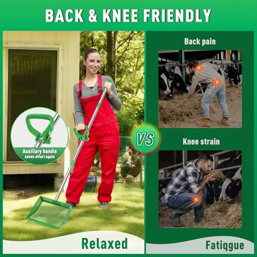 TOOGE Large Chicken Poop Scooper: 2-in-1 Metal Pooper Scooper & Rake Adjustable 62" Long Handle Stainless Steel Sand Sifting Litter Shovel Chicken Coop Scoop Cleaning Tool for Goat Yard Bright Green