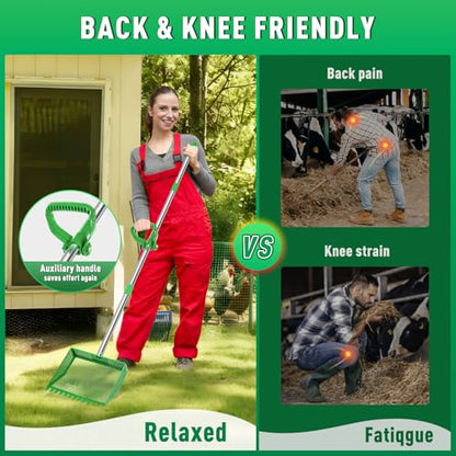TOOGE Large Chicken Poop Scooper: 2-in-1 Metal Pooper Scooper & Rake Adjustable 62" Long Handle Stainless Steel Sand Sifting Litter Shovel Chicken Coop Scoop Cleaning Tool for Goat Yard Bright Green