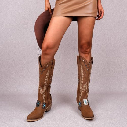 Yolkomo Cowboy Boots for Women Knee High Western Cowgirl Boots with Embroidery Belt Buckle Chains - color: Brown, size: 7