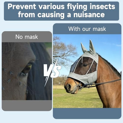 2 Pack Horse Fly Masks with Ears, Mesh Smooth Comfortable Elasticity UV Protection Adjustable Breathability Horses Masks Riding Supplies Grey & Blue L