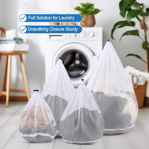 4Pcs Mesh Laundry Bags Washing Machine Mesh Wash Bags for Clothes,Underwear,Lingerie, Bed Linen with Drawstring Closure Sturdy(4 Size) - color: White, size: Pack 4 pcs