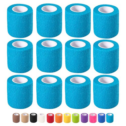 12 Pack Self Adhesive Bandage Wrap, 2 in x 5 Yards Vet Wrap Tape, Blue | Non-Woven Self Adherent Cohesive Bandage for Thumb, Finger, Wrist, Knee, Ankle - color: Blue