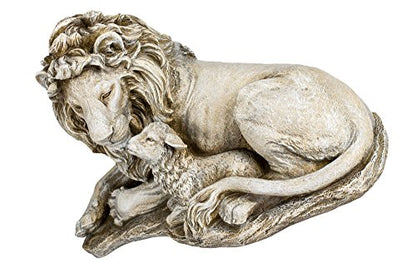 Joseph's Studio Lion and Lamb Garden Statue – 12.5" Religious Outdoor Décor – Peaceful Resin Sculpture for Yard, Patio, or Memorial Display