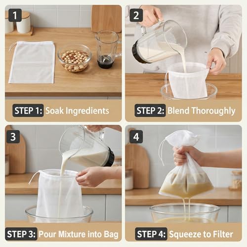 10 Pcs Nut Milk Bag Reusable (9.8"x14"), 200 Mesh Fine Nylon Cheese Cloth Bags with Drawstring, Strainer for Cold Brew Coffee Greek Yogurt Juice & Tea